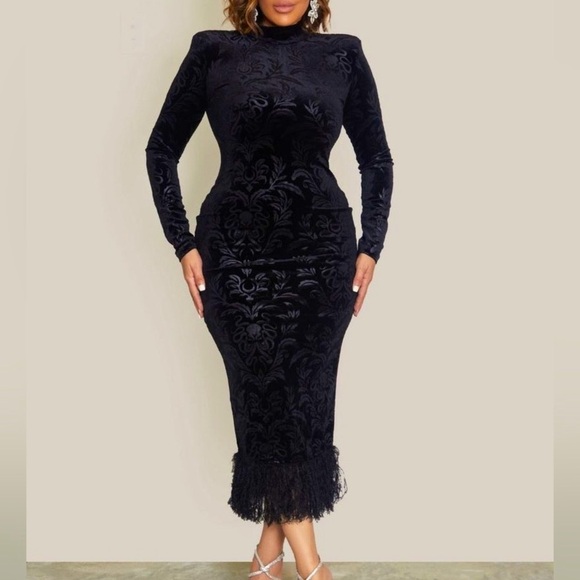 NWOT | Split Back Fuzzy Hem Bodycon Dress (Black) - Picture 5 of 8